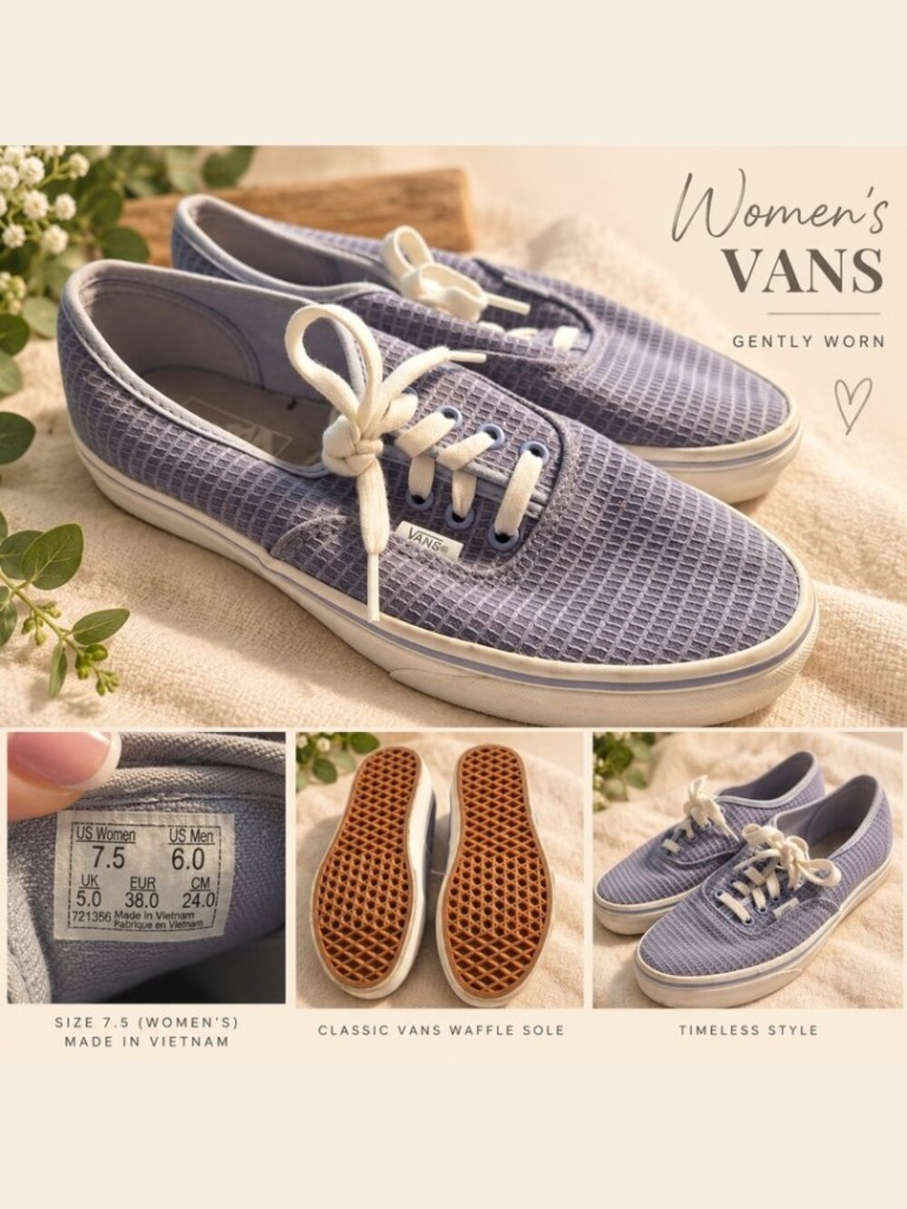 Vans Women’s Size 7.5 Lavender Gray Textured Low Top Sneakers Barely Worn